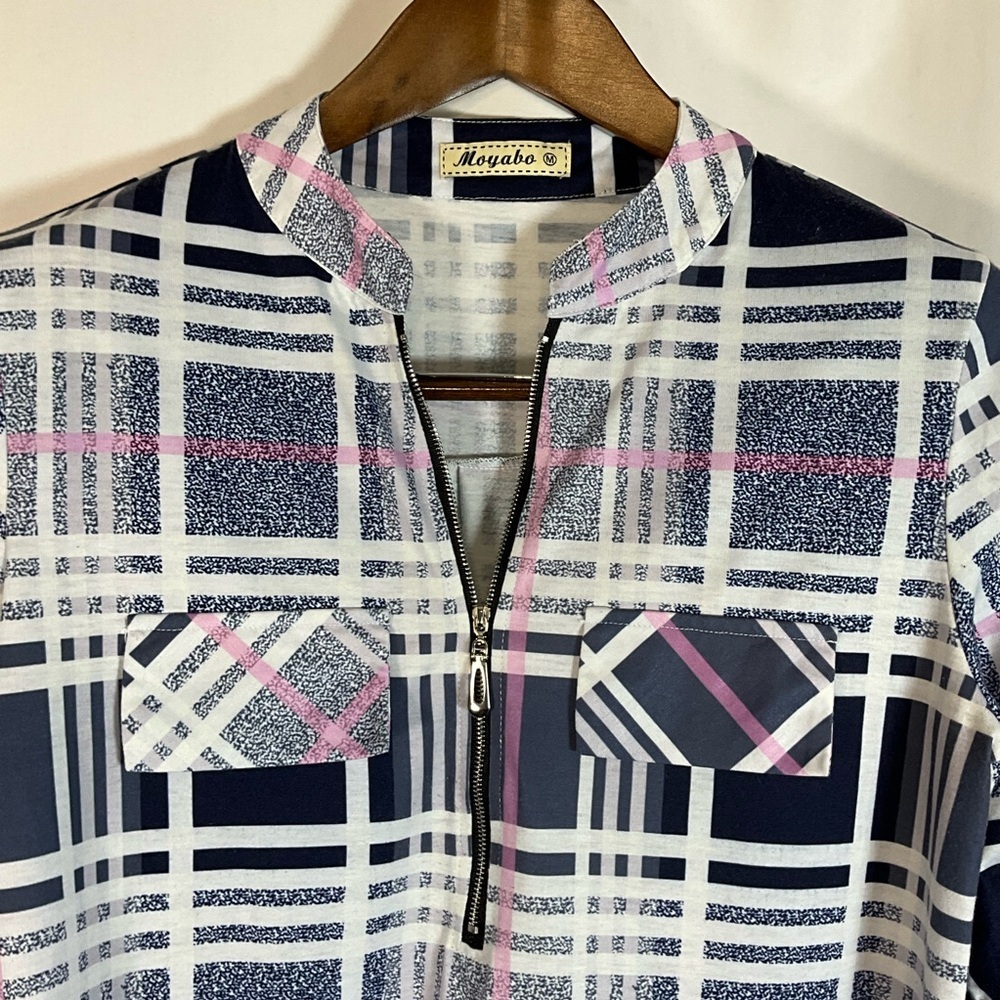 Moyabo Blouse Size M Navy and Pink Plaid Front Zip Button tab Sleeves - Picture 5 of 9